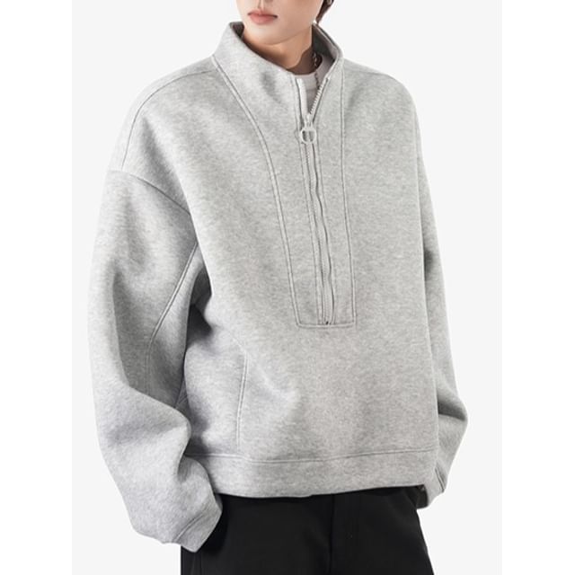 Mimiyox-Mock Neck Half Zip Plain Sweatshirt