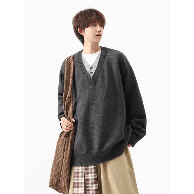 Mimiyox-Mock Two-Piece V-Neck Sweater