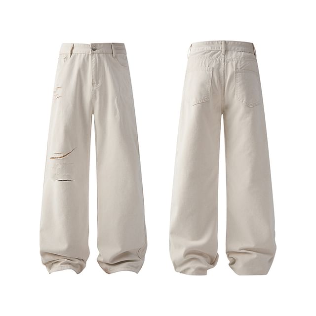 Mimiyox-Plain Distressed Wide Leg Jeans