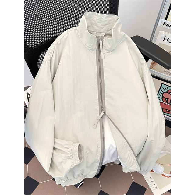 Mimiyox-Stand Collar Plain Contrast Trim Zip Jacket