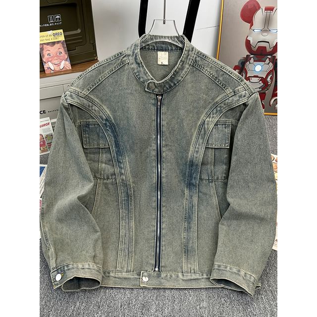 Mimiyox-Stand Collar Washed Denim Zip Jacket