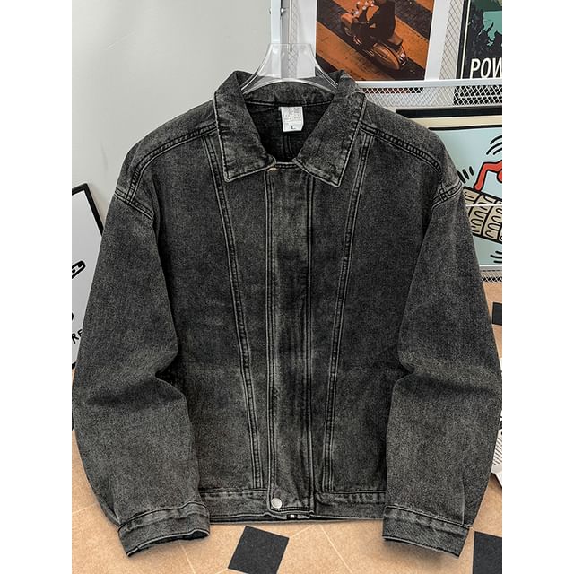Mimiyox-Washed Denim Zip Jacket
