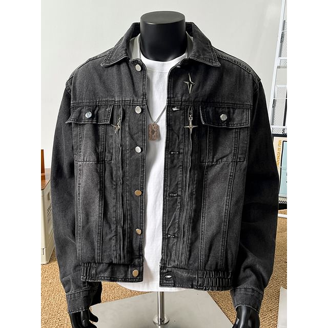 Mimiyox-Washed Pocket Detail Denim Single-Breasted Jacket