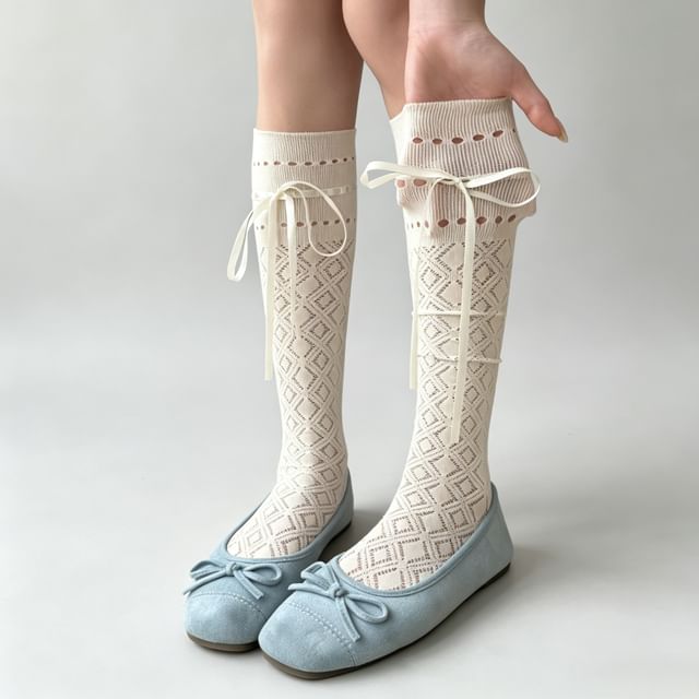 Mimiyu-Bow Perforated Over-The-Knee Socks Set