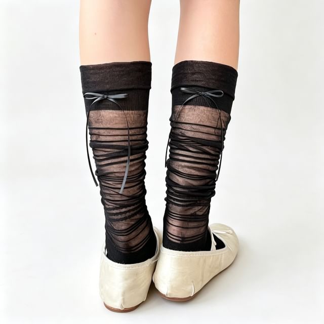Mimiyu-Bow Sheer Mid-Calf Socks Set