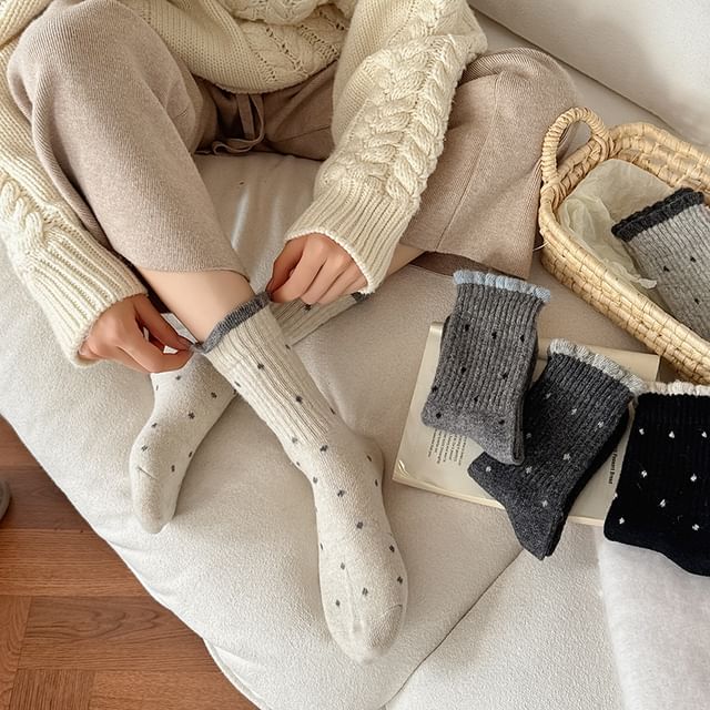 Mimiyu-Dotted Contrast Trim Ribbed Socks Set