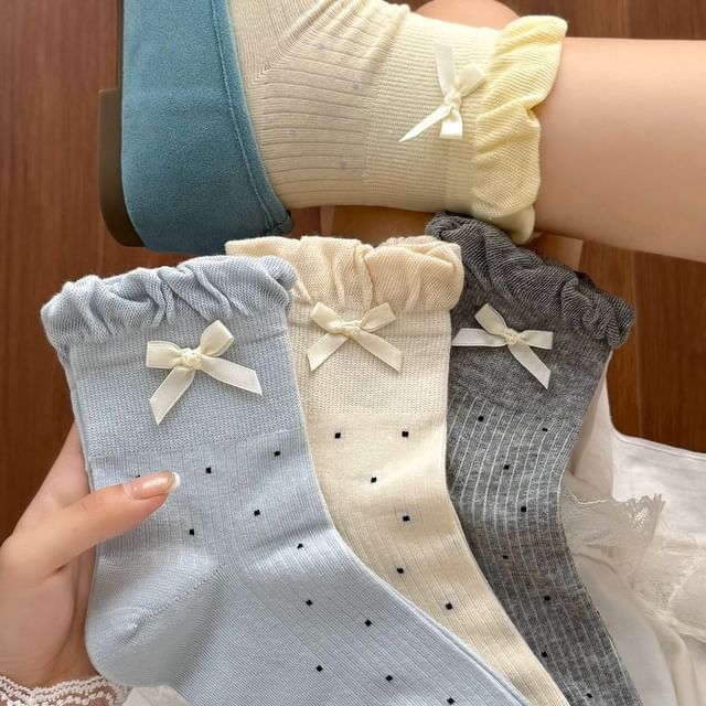 Mimiyu-Dotted Frill Trim Bow Socks Set
