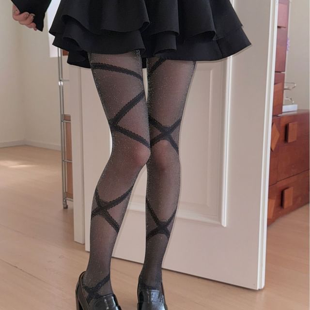 Mimiyu-Lace Trim Glitter Sheer Tights