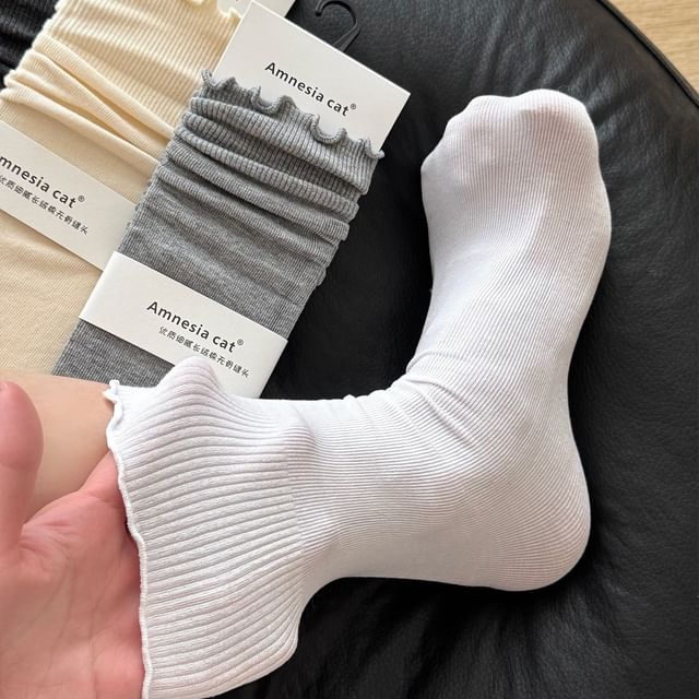 Mimiyu-Plain Lettuce Edge Crew Socks Set