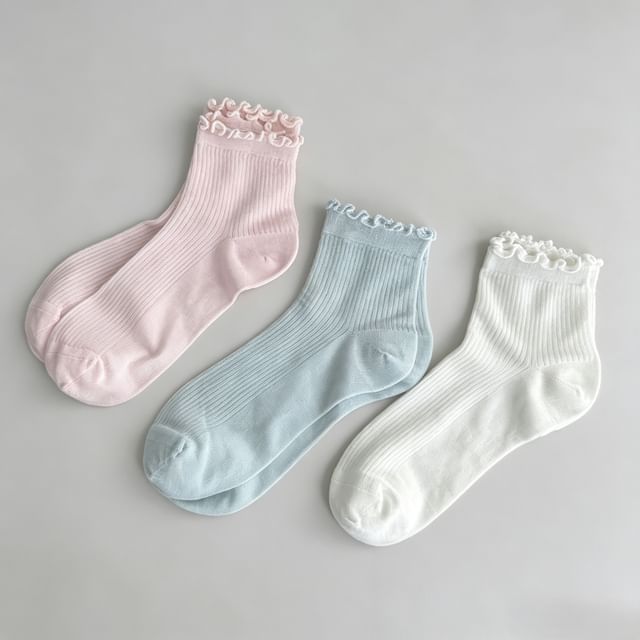 Mimiyu-Plain Lettuce Edge Crew Socks Set