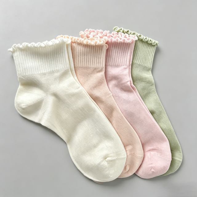 Mimiyu-Plain Lettuce Edge Crew Socks Set
