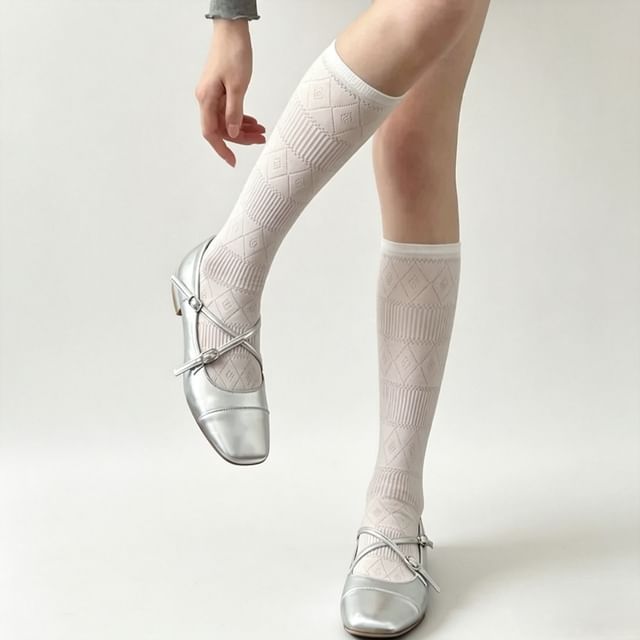 Mimiyu-Plain Pointelle Knee High Socks Set