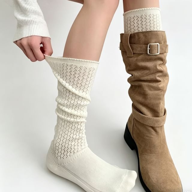 Mimiyu-Plain Pointelle Knee High Socks Set