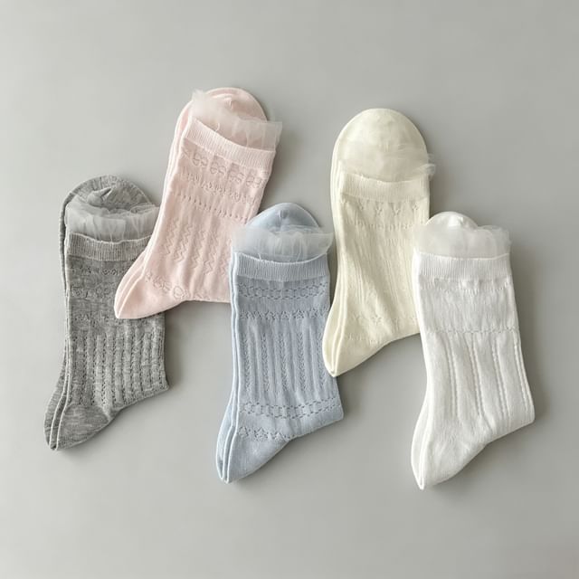 Mimiyu-Plain Pointelle Mesh Trim Short Socks Set
