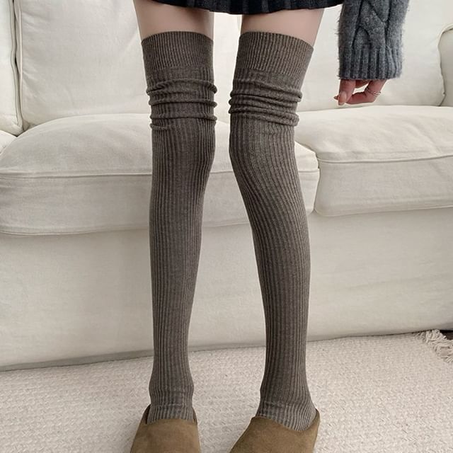 Mimiyu-Plain Ribbed Over The Knee Socks Set