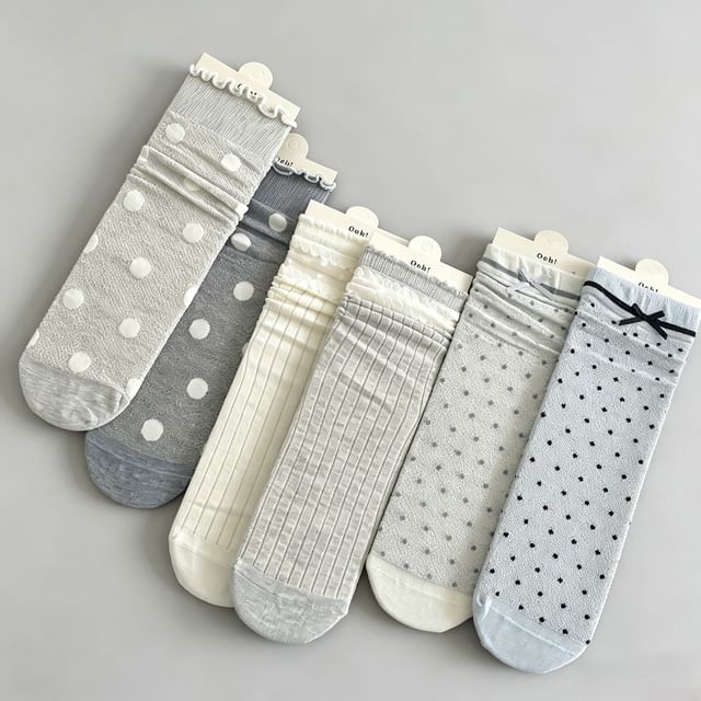 Mimiyu-Plain Ribbed Socks Polka Dot Socks Set