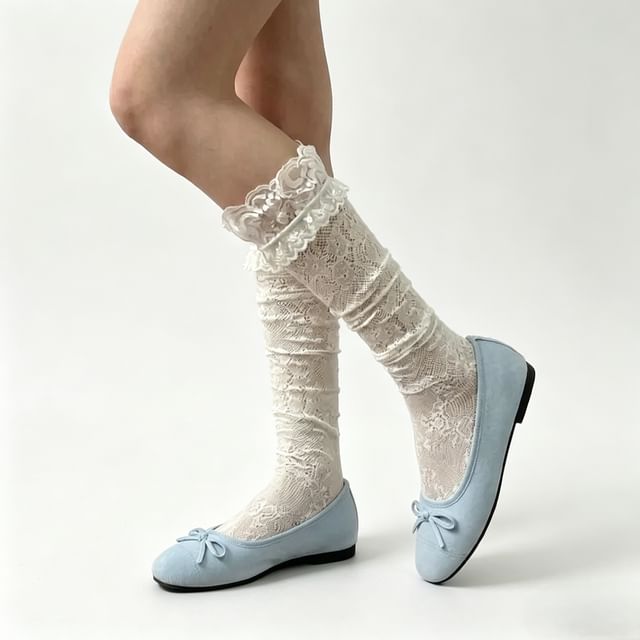 Mimiyu-Plain Ruffle Lace Knee High Socks Set