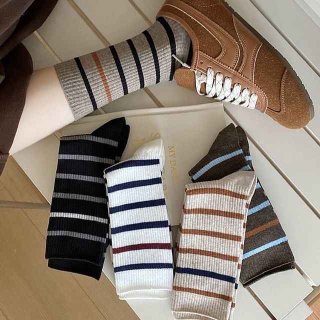 Mimiyu-Striped Ribbed Short Socks Set