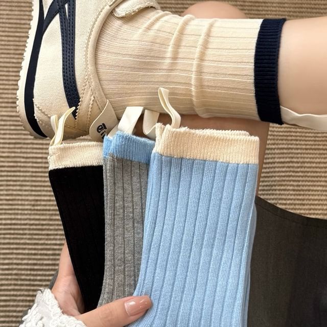 Mimiyu-Two Tone Ribbed Short Socks Set