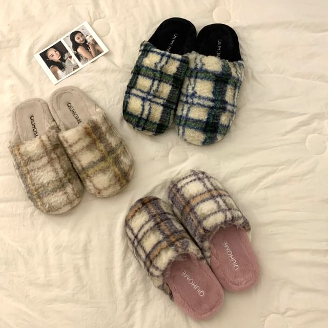 Minbrogy-Plaid Chenille Home Slippers