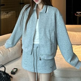 Miss Kekeli-Collared Contrast Trim Zip Jacket High Waist Plain Mini A-Line Skirt