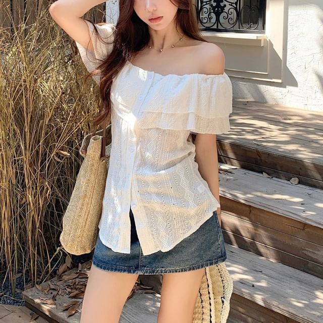 Miss Kekeli-Off Shoulder Plain Lace Panel Blouse
