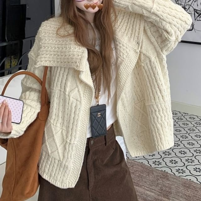 Miss Kekeli-Stand Collar Plain Cable-Knit Cardigan