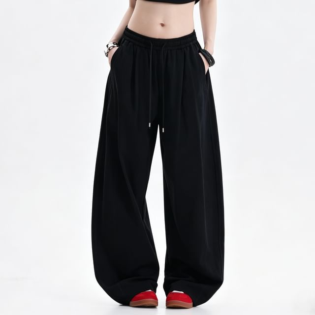 Miu B-Drawstring Waist Plain Baggy Sweatpants