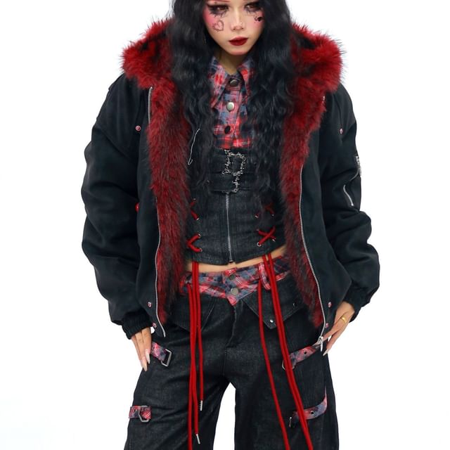 Miu B-Faux Leather Fluffy Trim Zip Jacket