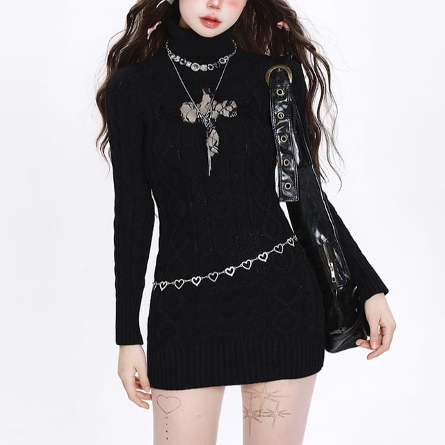 Miu B-Long Sleeve Turtleneck Plain Lace Panel Cable Knit Mini Sheath Sweater Dress