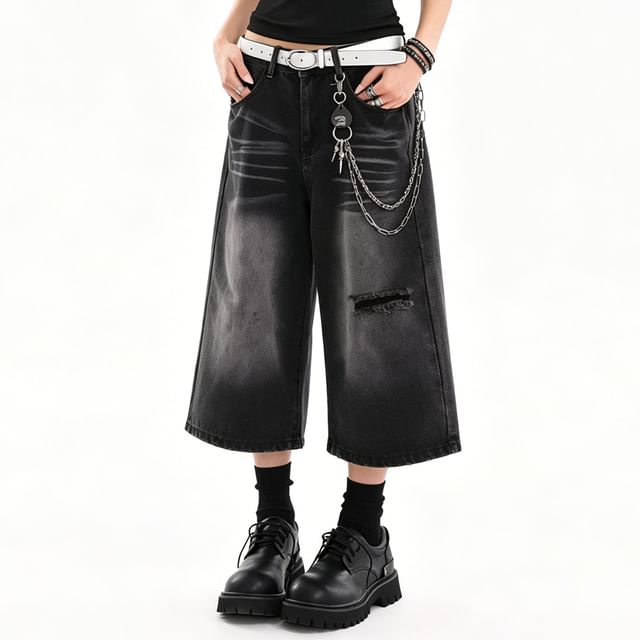 Miu B-Low Waist Washed Cutout Capri Jeans