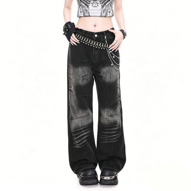 Miu B-Mid Rise Washed Straight Leg Jeans