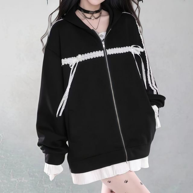 Miu B-Plain Lace Trim Zip Oversized Hoodie