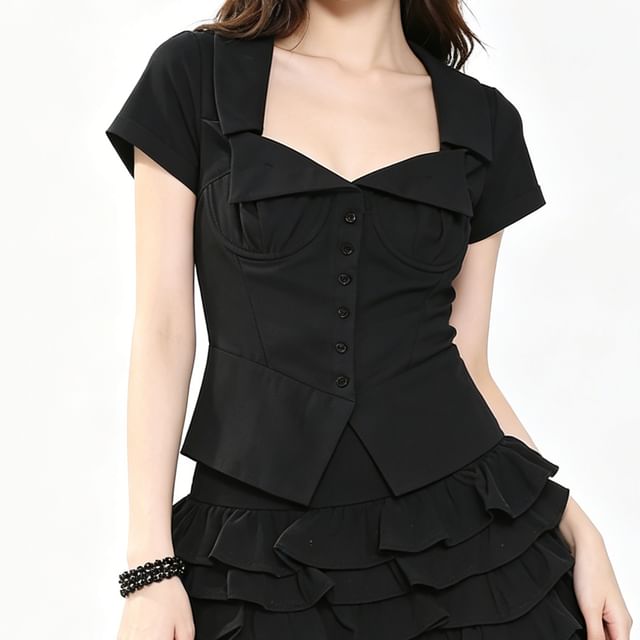 Miu B-Short-Sleeve Square Neck Button-up Plain Blouse