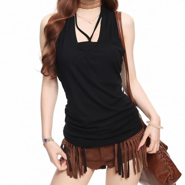Miu B-Sleeveless Square Neck Plain Top