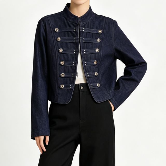 Miu B-Stand Collar Hook-And-Eye Crop Denim Jacket
