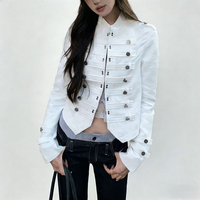 Miu B-Stand Collar Plain Front-Slit Napoleon Jacket