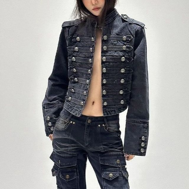 Miu B - Stand Collat Metal Clasp Crop Denim Napoleon Jacket | YesStyle