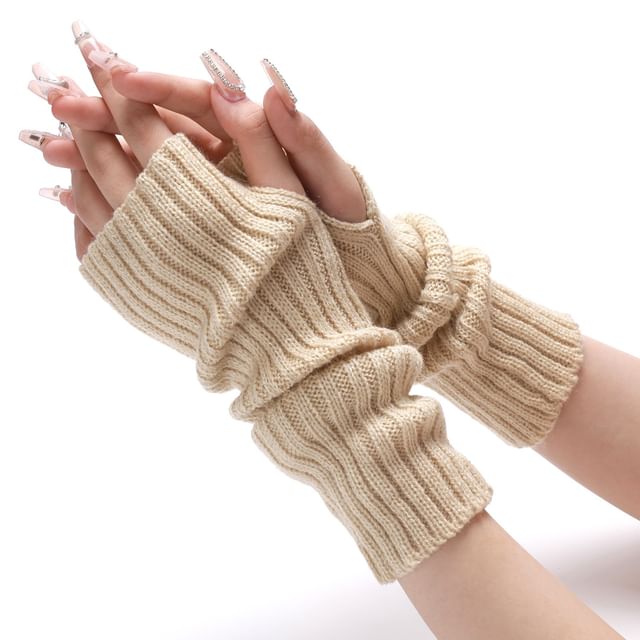 Miumi-Plain Ribbed Knit Fingerless Gloves