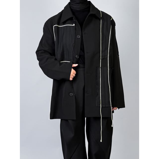 mivistyle-Contrast Trim Paneled Button-Up Shirt Jacket