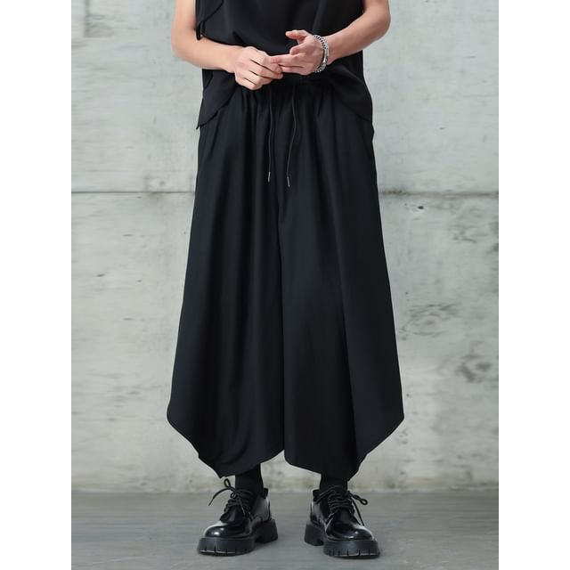 mivistyle-Drawstring Waist Plain Crop Wide Leg Pants