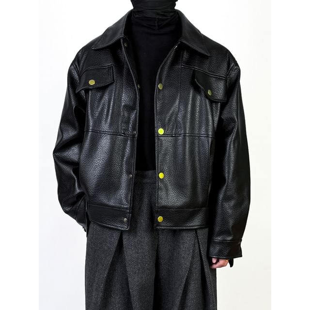 mivistyle-Faux Leather Button-Up Jacket