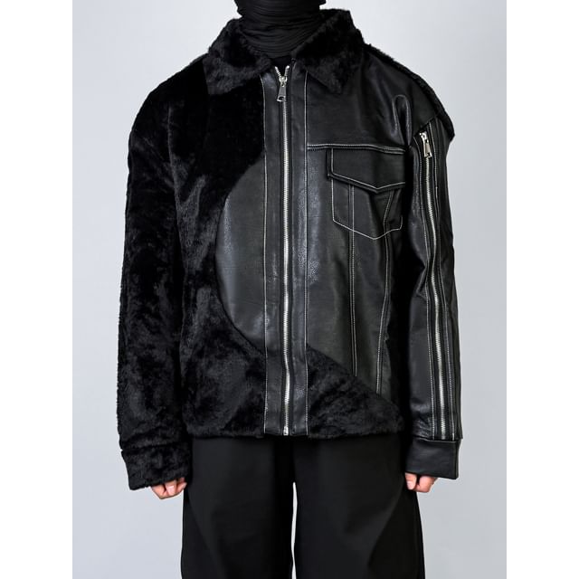 mivistyle-Faux Leather Paneled Fluffy Zip Jacket