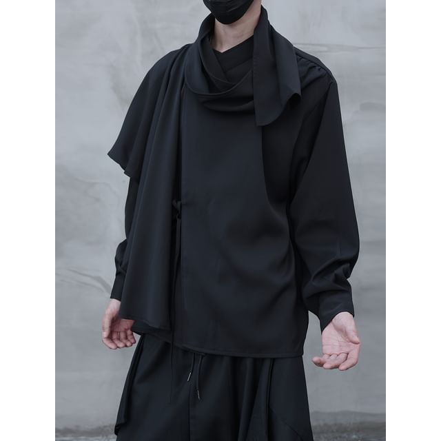 mivistyle-Long-Sleeve Cowl Neck Asymmetrical Plain Top