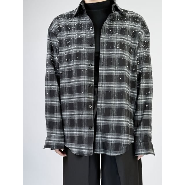 mivistyle-Long-Sleeve Plaid Rhinestone Shirt