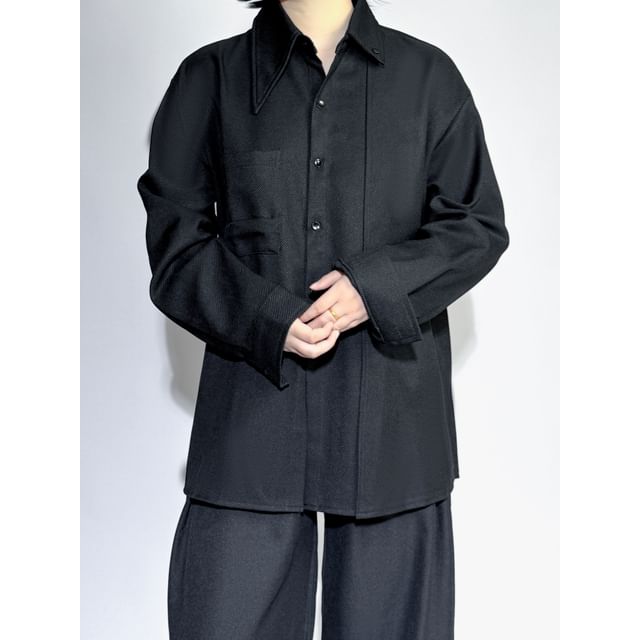 mivistyle-Long-Sleeve Plain Pocket Front Shirt