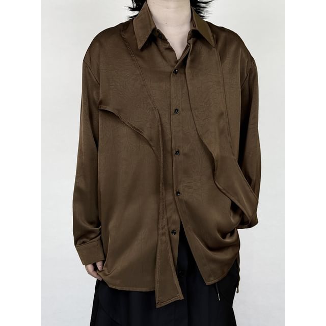 mivistyle-Long-Sleeve Satin Plain Shirt