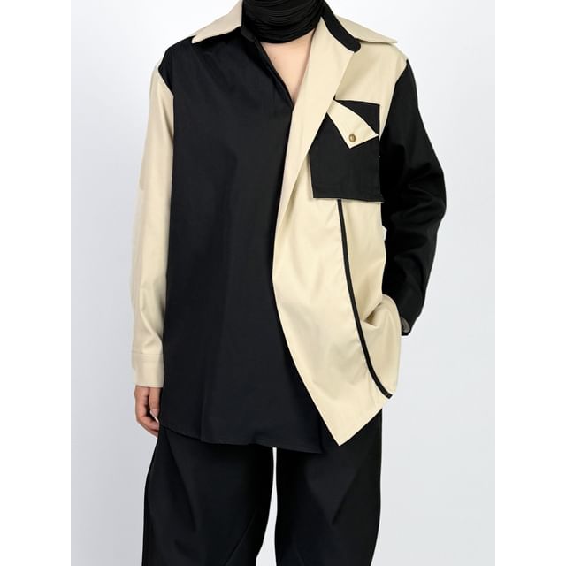 mivistyle-Long-Sleeve Two Tone Shirt