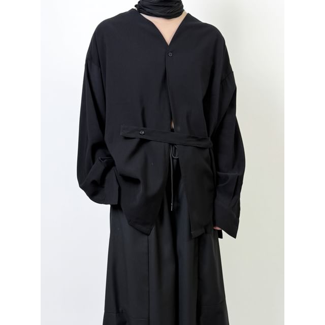 mivistyle-Long-Sleeve V-Neck Collarless Plain Shirt