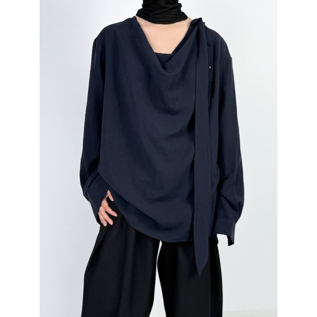 mivistyle-Long-Sleeve V-Neck Linen Plain Top